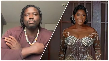 A split image showing Nigerian social critic Verydarkman on the left, looking serious with his arms crossed while wearing a maroon shirt and beaded necklace, and actress Mercy Johnson Okojie on the right, smiling brightly in an elaborate, embellished gown.