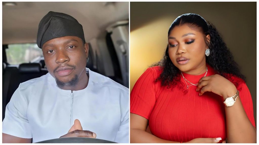 A split image featuring Nigerian social critic VeryDarkMan on the left, wearing a white shirt and black cap, and Nollywood actress Ruth Kadiri on the right, wearing a red ribbed top and looking downwards.