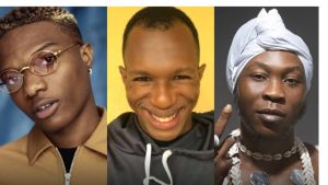 A horizontal collage featuring three Nigerian public figures. From left to right: Afrobeats singer Wizkid wearing tinted sunglasses and a brown jacket; social media critic Daniel Regha smiling in a black hoodie; and Afrobeat musician Seun Kuti wearing a traditional white headwrap and cowrie shell beads.