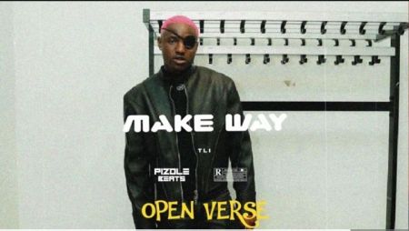 Download Instrumental + Hook – Ruger – Make Way (Open Verse) (Remake By Pizole Beats) Ruger standing in a black leather jacket with pink hair and an eyepatch on the promotional cover for the Make Way Open Verse instrumental remake by Pizole Beats.