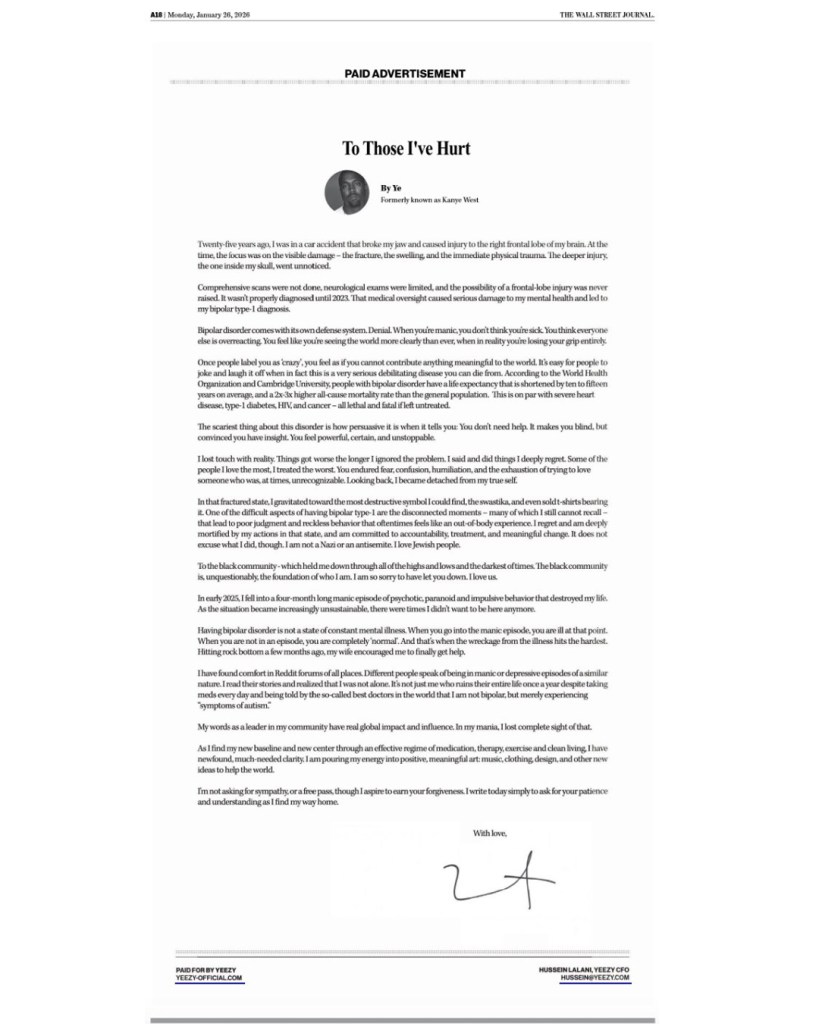 A paid advertisement featuring a letter from Kanye West, addressing his past mistakes and struggles with mental health. The text reflects on personal experiences, apologies to those he may have hurt, and emphasizes the importance of understanding and healing.