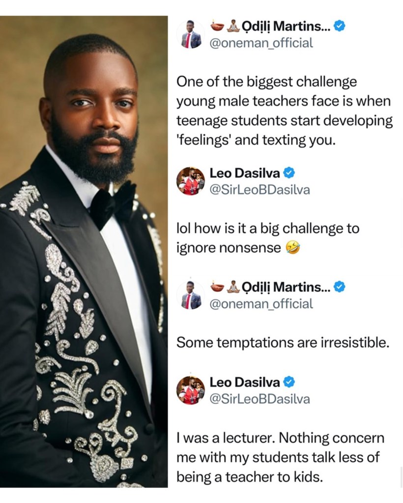 A man in a formal outfit with intricate embellishments poses for a portrait. The image also features a series of tweets discussing challenges faced by young male teachers regarding student interactions.