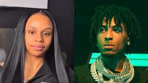 A split image featuring Yaya Mayweather looking directly at the camera in a casual gray jacket on the left, and rapper NBA YoungBoy performing with a microphone under green stage lighting on the right.