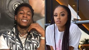 A split-screen composite image featuring rapper NBA YoungBoy on the left, smiling and wearing a black and white geometric patterned vest. On the right, Yaya Mayweather is shown looking directly at the camera, wearing a white t-shirt with long dark braided hair.
