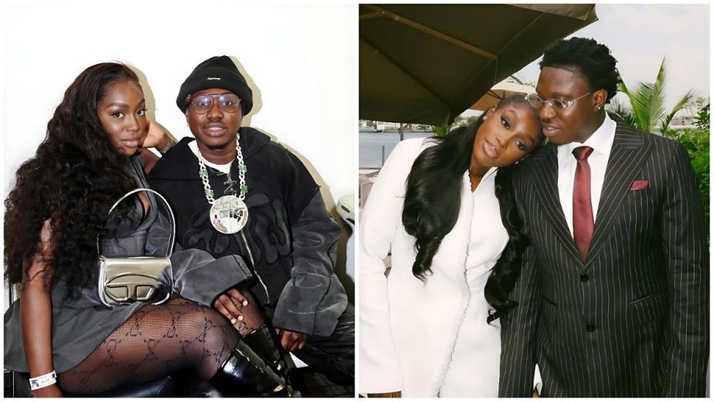 Nigerian singer Zlatan Ibile and his partner Davita Lamai posing affectionately together in both casual streetwear and formal attire.