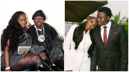 Nigerian singer Zlatan Ibile and his partner Davita Lamai posing affectionately together in both casual streetwear and formal attire.