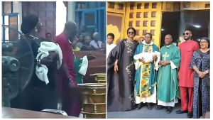 A collage of two images showing music icon 2Baba and his wife, Natasha Osawaru, during their son's church dedication. On the left, the couple is seen walking through the church aisle with Natasha carrying their baby wrapped in a white blanket. On the right, they pose outside the church with their newborn, two officiating ministers in green robes, and other family members.