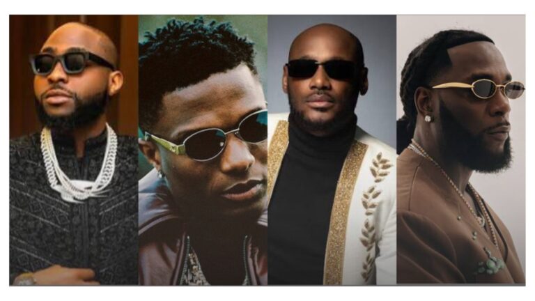 A side-by-side composite image featuring four Nigerian music superstars arranged from left to right: Davido wearing heavy diamond chains and a black textured outfit, Wizkid looking downward in sunglasses, legendary singer 2Baba in a white jacket with gold embroidery, and Burna Boy in a brown outfit and sunglasses.