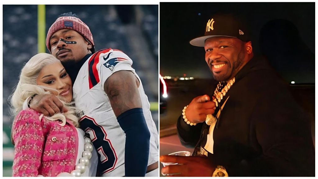 A split-screen image. On the left, Cardi B in a pink textured jacket smiles while being hugged by Stefon Diggs in his New England Patriots uniform on a football field. On the right, a separate photo shows 50 Cent smiling and wearing a black "NY" baseball cap and a gold chain while holding a clear cup.