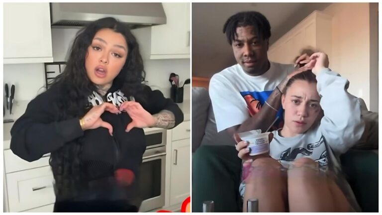 A side-by-side composite of two screenshots from social media. The left panel shows Jaidyn Alexis in a kitchen, wearing a black zip-up hoodie and forming a heart shape with her hands over her chest. She has long, dark wavy hair and a focused expression. The right panel shows Blueface and Nevaeh Akira sitting together on a couch. Blueface, in a white t-shirt, is playfully pulling back Nevaeh's hair while she looks directly at the camera with a neutral expression, holding a small white container (likely yogurt).