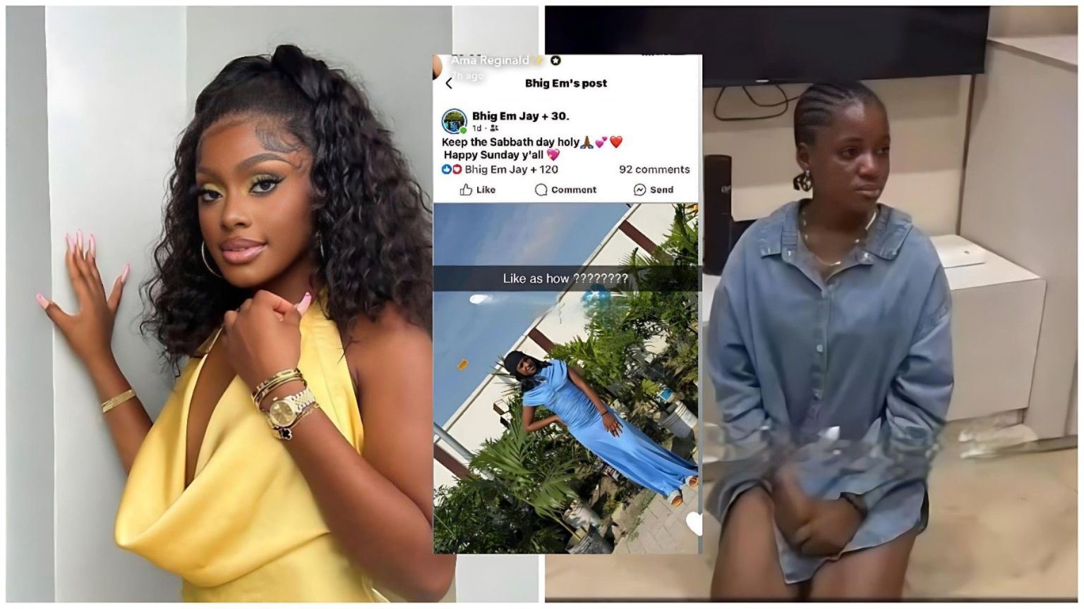 A three-part photo collage featuring Nigerian influencer Ama Reginald and her employee. On the left, Reginald poses in a vibrant yellow silk halter dress, accessorised with gold jewelry and a luxury watch. The middle section shows a Facebook post featuring the employee posing in a stolen blue gown with the caption "Keep the Sabbath day holy". On the right, the store cleaner is seen kneeling on a tiled floor during a confrontation, wearing an oversized denim shirt.