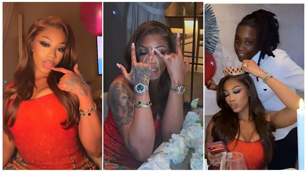 A three-part collage showing Big Brother Naija star Angel Smith and her partner Tunmie celebrating her 26th birthday. In the first panel, Angel poses in a red dress. The middle panel shows her flashing a new Rolex watch gifted by her partner. The final panel features Tunmie playfully placing a crown on Angel's head during their dinner.