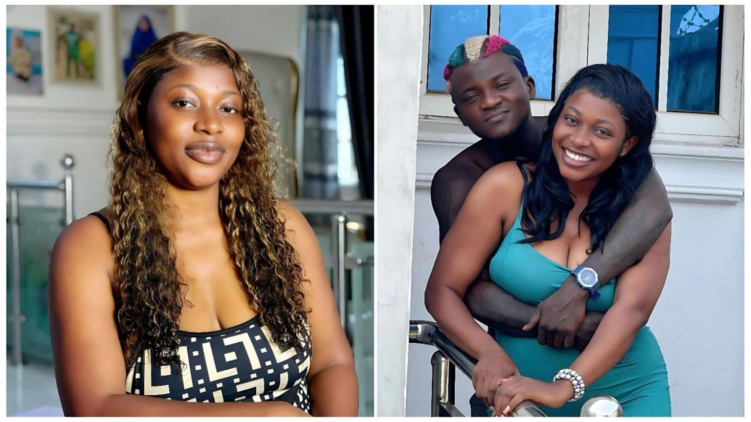 A split image showing actress Ashabi Simple posing in a black and cream geometric patterned top on the left, and singer Portable hugging her from behind while she wears a teal green dress on the right.