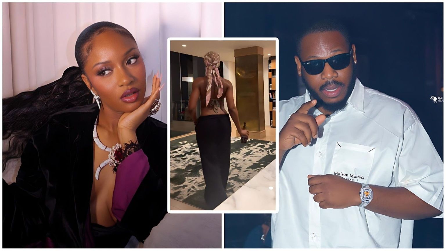 A split-screen image featuring singer Ayra Starr on the left in a glamorous velvet outfit and BBNaija star Frodd on the right wearing a white shirt and sunglasses. A smaller inset in the middle shows a back view of Ayra Starr dancing in a crop top and long skirt.