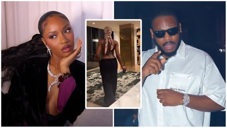 A split-screen image featuring singer Ayra Starr on the left in a glamorous velvet outfit and BBNaija star Frodd on the right wearing a white shirt and sunglasses. A smaller inset in the middle shows a back view of Ayra Starr dancing in a crop top and long skirt.