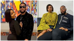 Two side-by-side photos of the couple. On the left, BamBam leans against Teddy A in a black dress while he wears a dark jacket and sunglasses. On the right, they are seated together, with BamBam in a patterned yellow top and Teddy A in a black long-sleeved shirt.