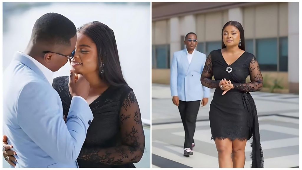 Nigerian actors Timini Egbuson and Bimbo Ademoye posing together in a cozy, candid moment during Bimbo’s birthday celebration in February 2026. Timini is wearing a casual stylish outfit while Bimbo glows in her birthday attire, reflecting the "Till the wheels fall off" sentiment of the viral post.