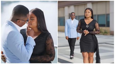 Nigerian actors Timini Egbuson and Bimbo Ademoye posing together in a cozy, candid moment during Bimbo’s birthday celebration in February 2026. Timini is wearing a casual stylish outfit while Bimbo glows in her birthday attire, reflecting the "Till the wheels fall off" sentiment of the viral post.