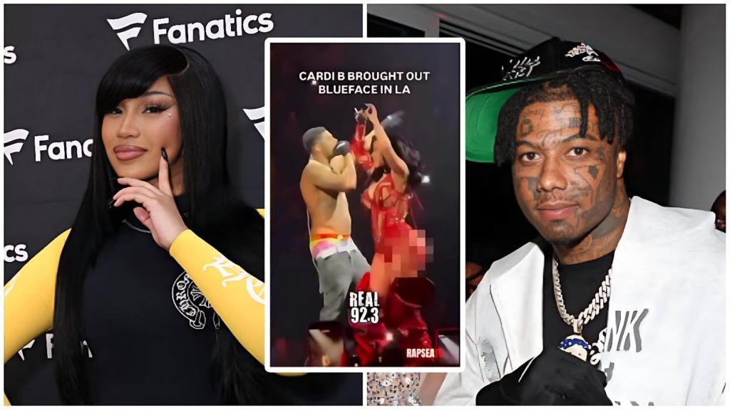 A composite image divided into three sections. The top left shows Cardi B on a red carpet wearing a black long-sleeved Chrome Hearts top, posing against a white "Fanatics" backdrop. The top right features Blueface in a white jacket, a green hat, and black Offwhite x Nike football gloves, standing before the same "Fanatics" background. The bottom section displays two frames of concert footage showing the rappers performing together on a dark stage illuminated by bright lights.