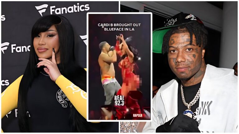 A composite image divided into three sections. The top left shows Cardi B on a red carpet wearing a black long-sleeved Chrome Hearts top, posing against a white "Fanatics" backdrop. The top right features Blueface in a white jacket, a green hat, and black Offwhite x Nike football gloves, standing before the same "Fanatics" background. The bottom section displays two frames of concert footage showing the rappers performing together on a dark stage illuminated by bright lights.