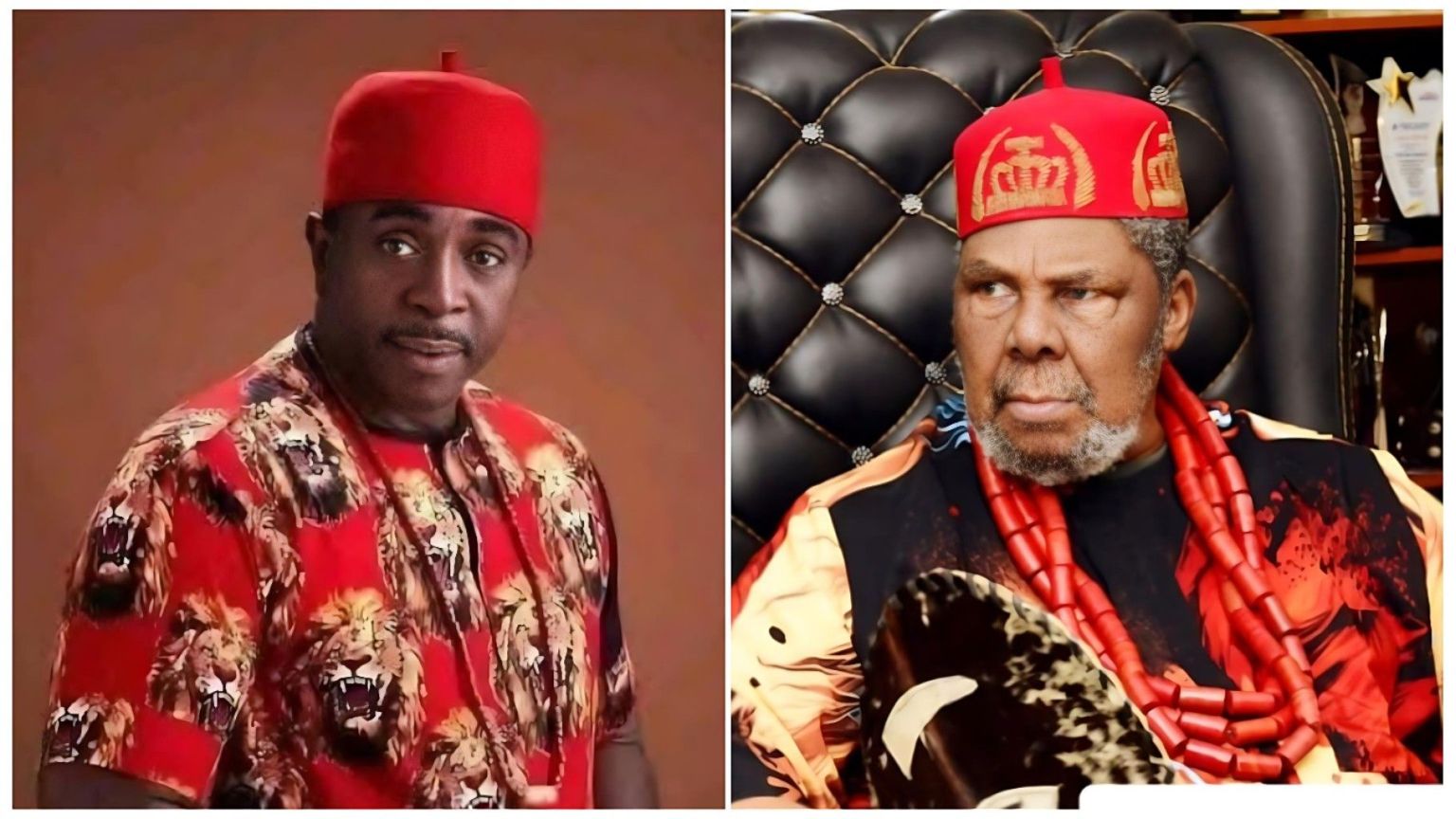 A split-screen image featuring Nollywood veteran Bob-Manuel Udokwu on the left and legendary actor Pete Edochie on the right, both wearing traditional Igbo attire and red caps.