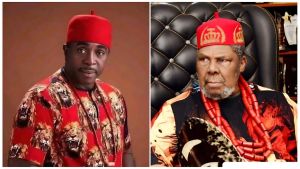 A split-screen image featuring Nollywood veteran Bob-Manuel Udokwu on the left and legendary actor Pete Edochie on the right, both wearing traditional Igbo attire and red caps.