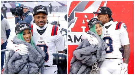 Cardi B in an oversized grey fur coat and an official AFC Championship hat, standing next to Stefon Diggs on the field after the New England Patriots' victory.