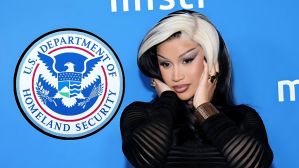 A split-image graphic featuring the U.S. Department of Homeland Security (DHS) logo on the left and a portrait of rapper Cardi B on the right, highlighting their recent public dispute.
