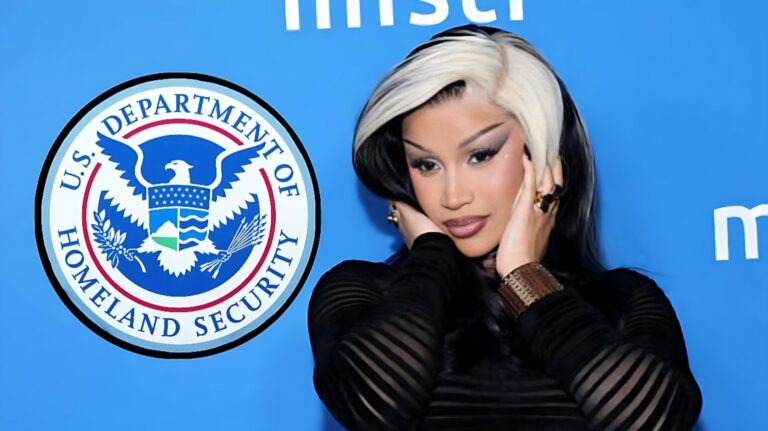 A split-image graphic featuring the U.S. Department of Homeland Security (DHS) logo on the left and a portrait of rapper Cardi B on the right, highlighting their recent public dispute.
