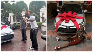 A side-by-side photo collage showing Carter Efe's two-stage reaction to receiving a car gift. The left side shows him gesturing excitedly in a driveway with Kcee, while the right side shows him sitting on the pavement in front of the ribbon-wrapped 2025 Toyota Corolla.