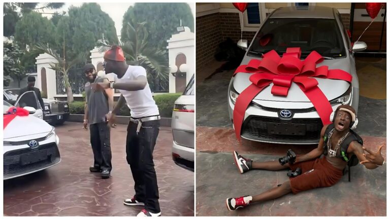 A side-by-side photo collage showing Carter Efe's two-stage reaction to receiving a car gift. The left side shows him gesturing excitedly in a driveway with Kcee, while the right side shows him sitting on the pavement in front of the ribbon-wrapped 2025 Toyota Corolla.