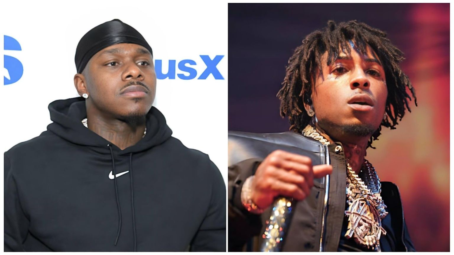A side-by-side composite photograph featuring American rappers DaBaby (left) and NBA YoungBoy (right). On the left, DaBaby is shown from the chest up, wearing a black hoodie and a black durag while appearing to speak into a microphone. On the right, NBA YoungBoy is depicted performing on stage with his signature dreadlocks, wearing multiple diamond-encrusted chains and holding a microphone.