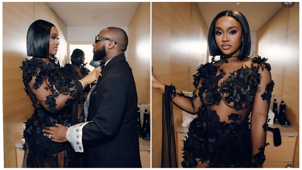 A split-screen image featuring Davido and Chioma Rowland. On the left, the couple shares a private moment as Chioma adjusts Davido's suit collar while they look into each other's eyes; Davido is wearing sunglasses and a black suit with silver lapels. On the right, Chioma poses solo, leaning against a wall in a sheer black gown with floral appliqués, looking directly at the camera with a confident expression.