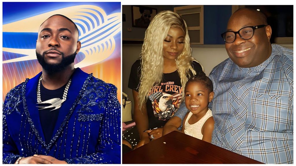 A split image collage. The left side shows Afrobeats star Davido wearing a regal, royal blue suit jacket adorned with intricate silver embroidery and crystal studs. The right side features a throwback family photo including media mogul Dele Momodu in a blue plaid shirt, Sophia Momodu with blonde hair, and their daughter Imade Adeleke as a young child.