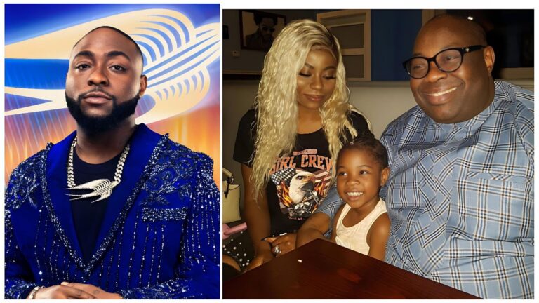 A split image collage. The left side shows Afrobeats star Davido wearing a regal, royal blue suit jacket adorned with intricate silver embroidery and crystal studs. The right side features a throwback family photo including media mogul Dele Momodu in a blue plaid shirt, Sophia Momodu with blonde hair, and their daughter Imade Adeleke as a young child.