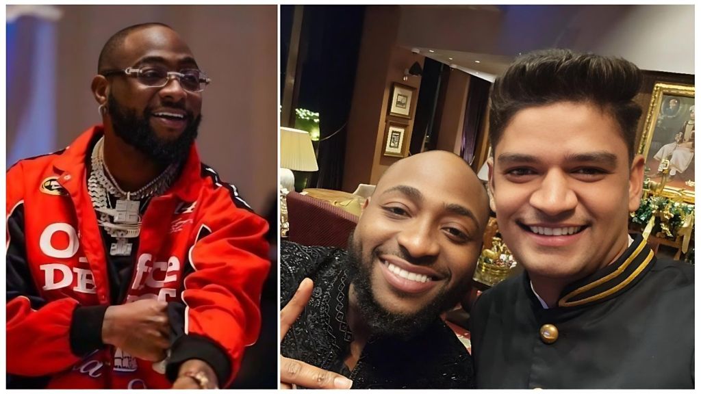 A side-by-side composite image featuring Nigerian singer Davido. On the left, Davido wears a red and black jacket with silver chains and clear glasses. On the right, a selfie shows a smiling Davido posing with Govind Kadak, an Indian man dressed in a dark uniform with gold trim.