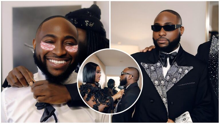 A collage showing Davido getting ready for the Grammy Awards. Left: Davido smiles broadly while wearing pink hydrating under-eye patches and a white shirt. Center Inset: His wife, Chioma Rowland, adjusts his black bow tie while looking at him affectionately. Right: The singer poses confidently in a custom black suit with elaborate silver-patterned lapels and dark sunglasses.