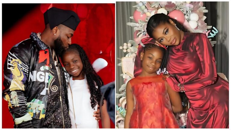 A split-screen image showing two photos: on the left, Nigerian singer Davido kisses his daughter Imade on the head; on the right, Sophia Momodu poses affectionately with Imade, both wearing coordinated red outfits.