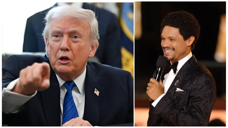 A split-screen image showing an angry Donald Trump pointing his finger aggressively on the left, contrasted with a smiling Trevor Noah holding a microphone in a tuxedo on the right.