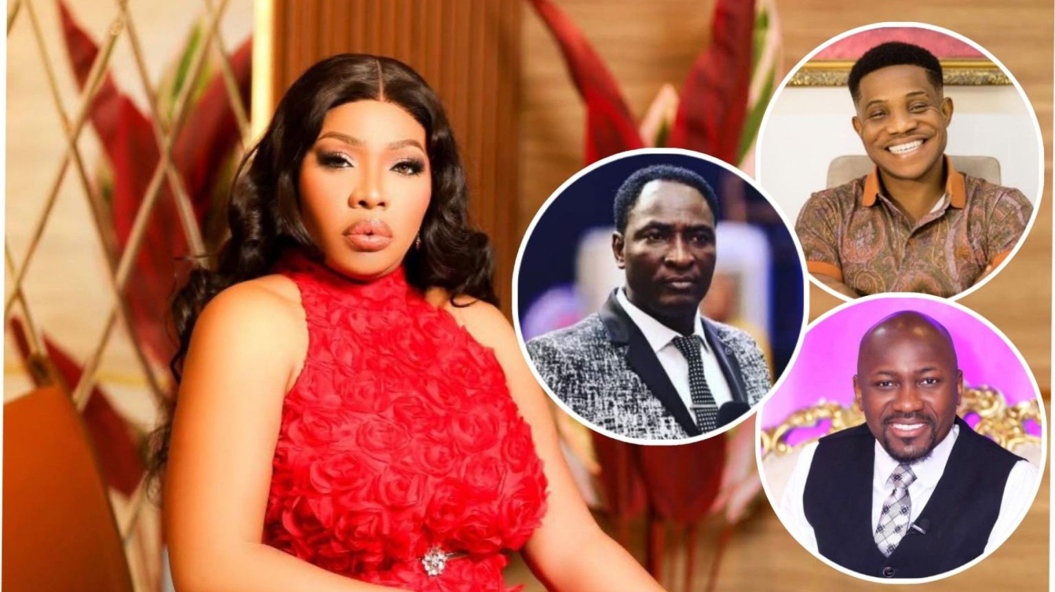 Nigerian actress Doris Ogala wearing a red floral-textured dress, with inset circular photos of Pastors Jeremiah Fufeyin, Jerry Eze, and Johnson Suleman.