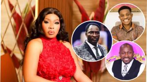 Nigerian actress Doris Ogala wearing a red floral-textured dress, with inset circular photos of Pastors Jeremiah Fufeyin, Jerry Eze, and Johnson Suleman.