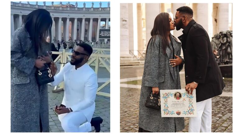 A split photo showing Ebuka Obi-Uchendu kneeling on one knee to re-propose to his wife Cynthia at St. Peter's Square, and the couple kissing while holding a Papal blessing certificate to mark their 10th wedding anniversary in Vatican City.