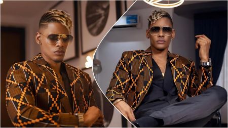 A split photo showing BBNaija star Elozonam Ogbolu posing in a stylish brown and yellow geometric print blazer over a black shirt. He is wearing large aviator sunglasses and has blonde-tipped dreadlocks, striking a confident pose while seated.