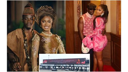 A split image showing three sections. On the left, music producer Femi Dapson and his fiancée, Simisanya, pose in traditional Nigerian Yoruba attire, with Dapson in a brown agbada and fila and Simisanya in a matching embellished dress and gele. On the right, the couple poses in contemporary fashion, with Dapson wearing a pink patterned sweater vest and sunglasses, and Simisanya in a pink marble-print mini dress. The bottom center features a small inset photo of a massive digital billboard at the Lekki toll plaza displaying a romantic Valentine's Day message from Dapson to his fiancée.