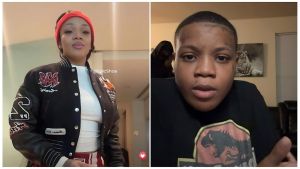 American rapper GloRilla posing in a white top, red and white striped pants, and a black varsity jacket with red and white embroidery. She is wearing a red and black beanie and looking directly at the camera.