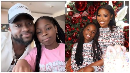 A side-by-side split image. The left side shows Nigerian singer Davido (David Adeleke) wearing a white and black "CRZY" cap and silver chains, smiling alongside his daughter, Imade Adeleke. The right side shows Sophia Momodu smiling and hugging Imade in front of a decorated red and gold Christmas tree; both are wearing matching white long-sleeved shirts with a red reindeer and snowflake pattern.