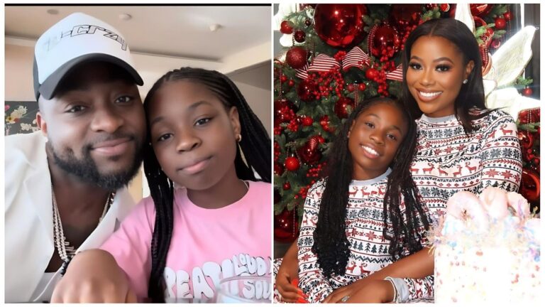 A side-by-side split image. The left side shows Nigerian singer Davido (David Adeleke) wearing a white and black "CRZY" cap and silver chains, smiling alongside his daughter, Imade Adeleke. The right side shows Sophia Momodu smiling and hugging Imade in front of a decorated red and gold Christmas tree; both are wearing matching white long-sleeved shirts with a red reindeer and snowflake pattern.