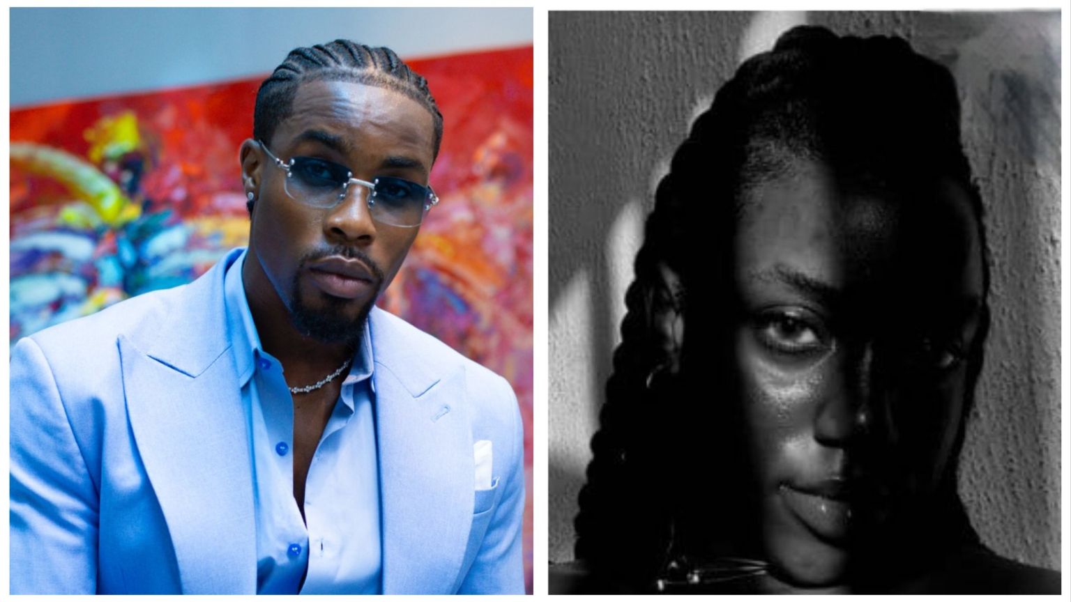 A split portrait featuring Big Brother Naija star Neo Akpofure on the left, wearing a light blue suit and tinted glasses, and his accuser, Arikan Udoka ("the violently wicked"), on the right in a high-contrast, shadowed black-and-white close-up.