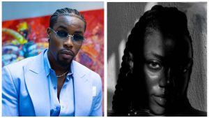 A split portrait featuring Big Brother Naija star Neo Akpofure on the left, wearing a light blue suit and tinted glasses, and his accuser, Arikan Udoka ("the violently wicked"), on the right in a high-contrast, shadowed black-and-white close-up.