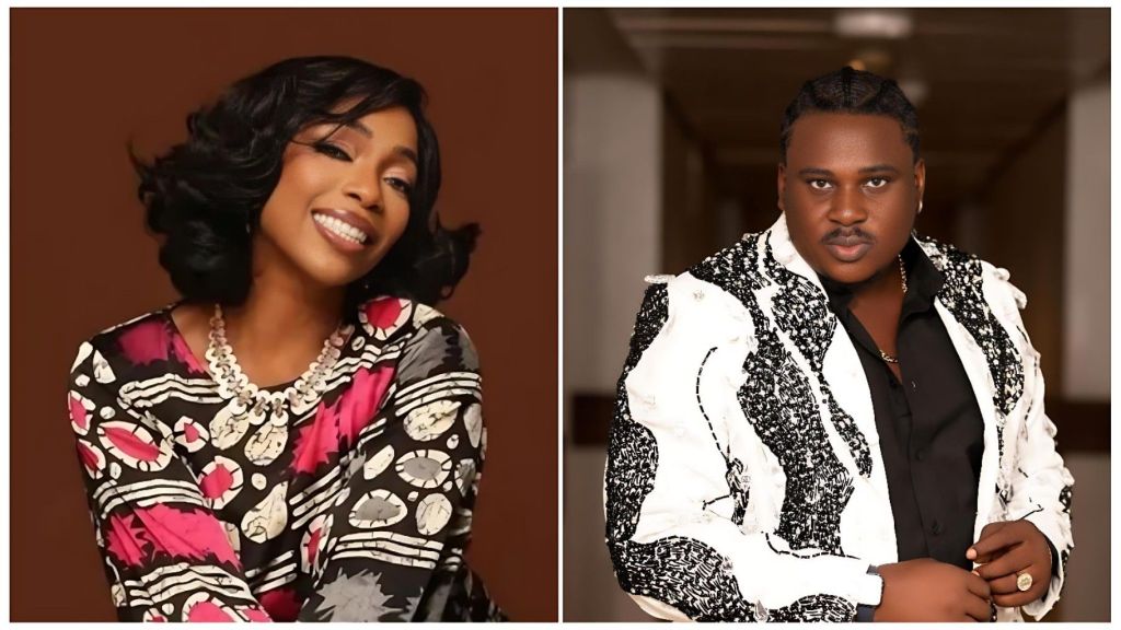 A split-screen image featuring Nigerian actress Bimbo Akintola on the left and skit maker Isbae U on the right. Akintola smiles warmly, wearing a patterned dress with pink, black, and white designs against a brown backdrop. On the right, Isbae U poses in a white jacket with intricate black embellishments over a black shirt, standing in a blurred hallway setting.